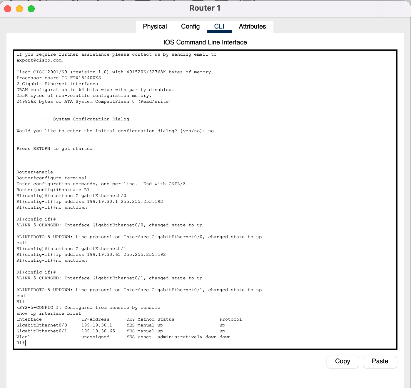 R1's CLI tab: the configuration, the %LINK-5-CHANGED messages as each port comes up, and show ip interface brief
