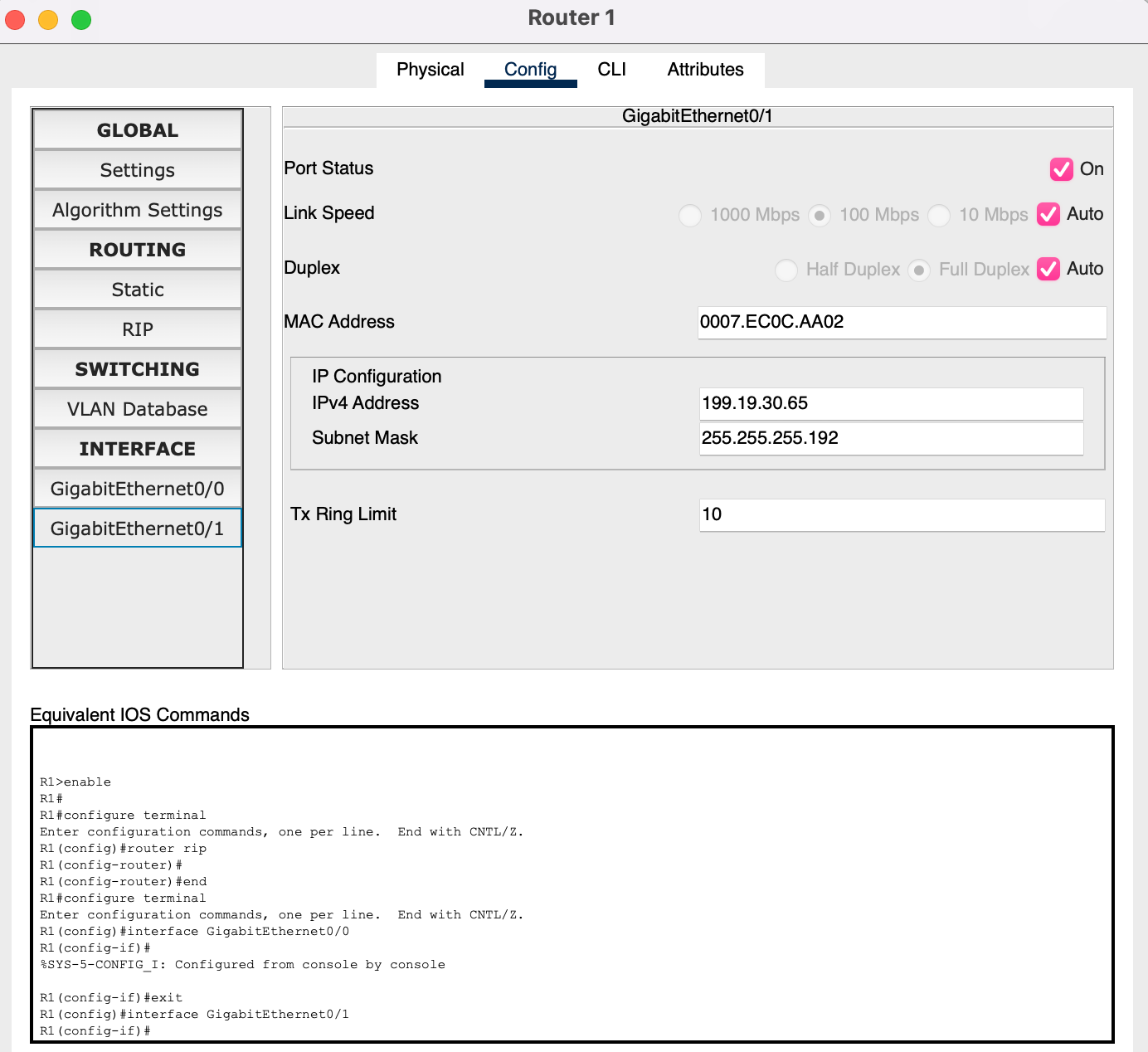GigabitEthernet0/1: port on, 199.19.30.65 / 255.255.255.192
