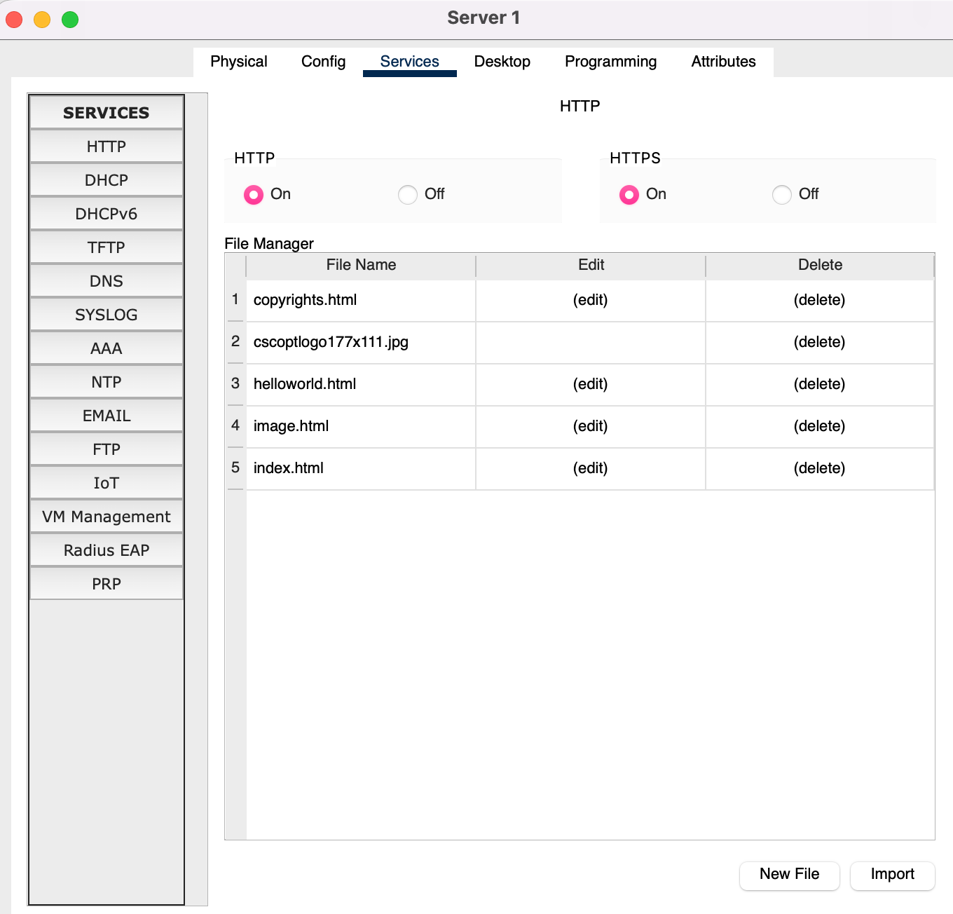 Services → HTTP: HTTP On, HTTPS On, with index.html in the file manager
