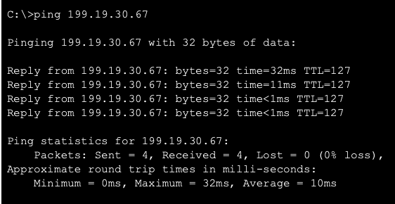 PC A pinging PC2 after the fix: 4 sent, 4 received, TTL=127