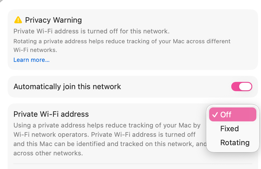 Private Wi-Fi address set to Off, so en0 uses its burned-in MAC