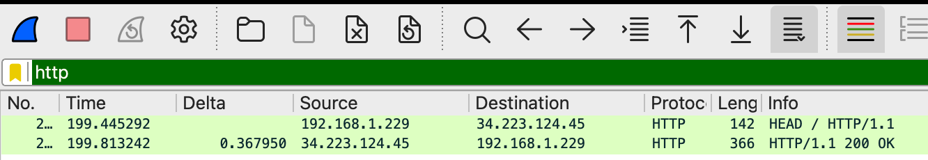 http: frame 23058 HEAD / HTTP/1.1 from 192.168.1.229 to 34.223.124.45, and the HTTP/1.1 200 OK reply 0.368 s later