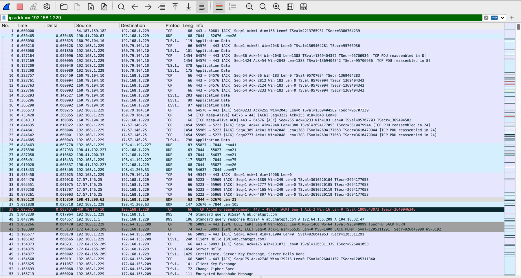 ip.addr == 192.168.1.229: traffic in both directions