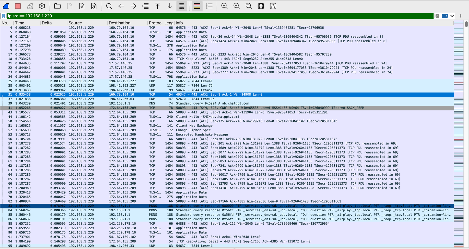ip.src == 192.168.1.229: only outgoing packets