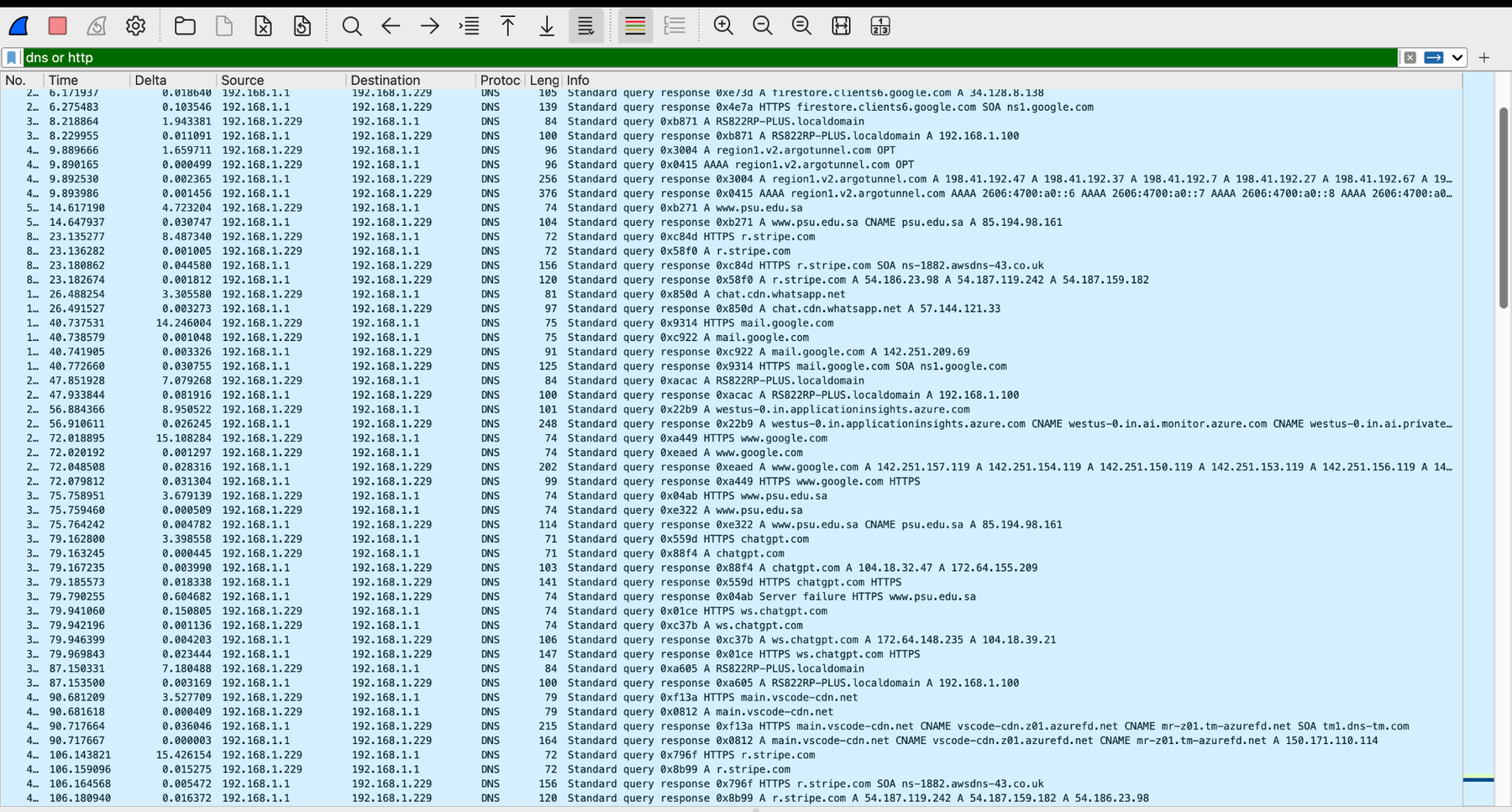 dns or http: the DNS queries to 192.168.1.1 alongside the HTTP request they led to