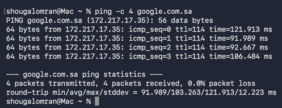 ping -c 4 google.com.sa: four replies from 172.217.17.35 with ttl=114, the first at 121.913 ms