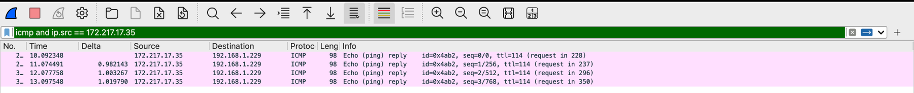 icmp and ip.src == 172.217.17.35: the 4 echo replies