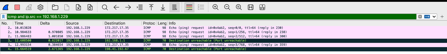 icmp and ip.src == 192.168.1.229: 6 packets from my Mac