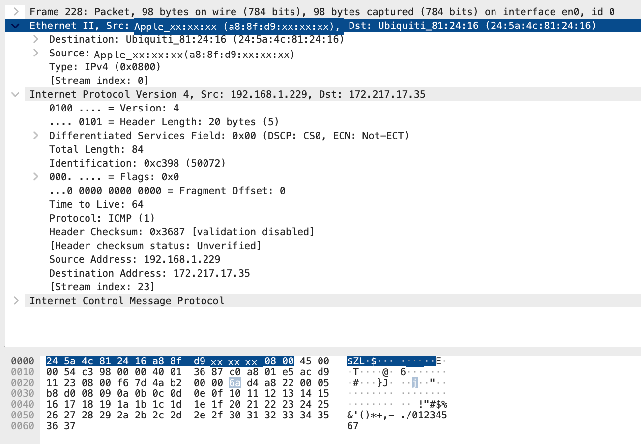 Frame 228: Ethernet II from my Mac to Ubiquiti_81:24:16 (the gateway), IPv4 to 172.217.17.35, TTL 64