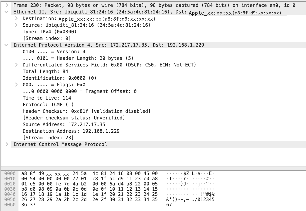 Frame 230, the reply: the MACs swap, the IPs swap, and TTL is 114